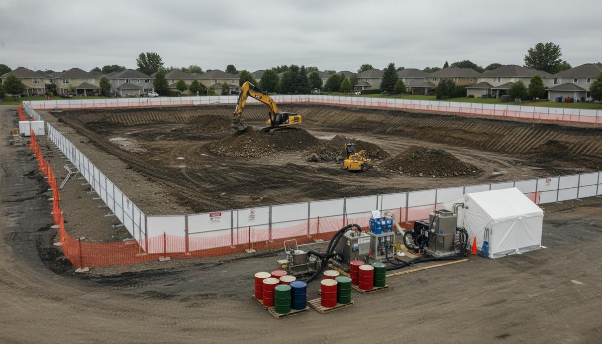 Глубокий котлован на месте снесенных домов в жилом квартале с работающим экскаватором и ограждениями