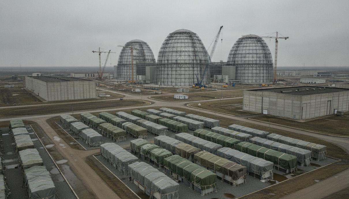 Территория атомной электростанции с защитными куполами, строительными кранами и рядами контейнеров с отходами.